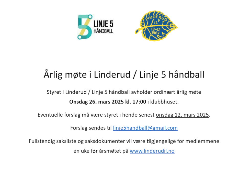 Årlig møte i Linderud/Linje 5 Håndball